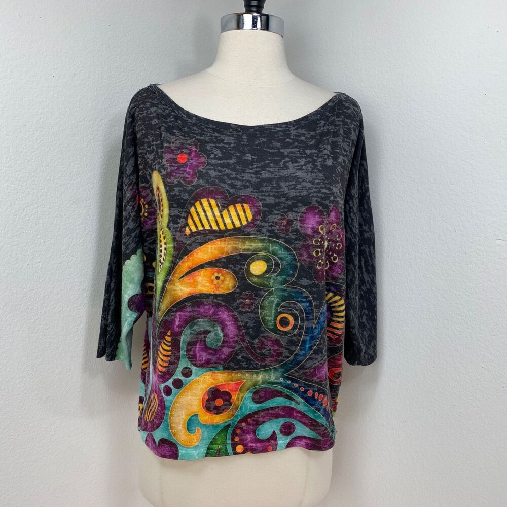 Amma Wearable Art Tee Shirt Small Oversized Cropped USA 3/4 Sleeves Artsy Boho